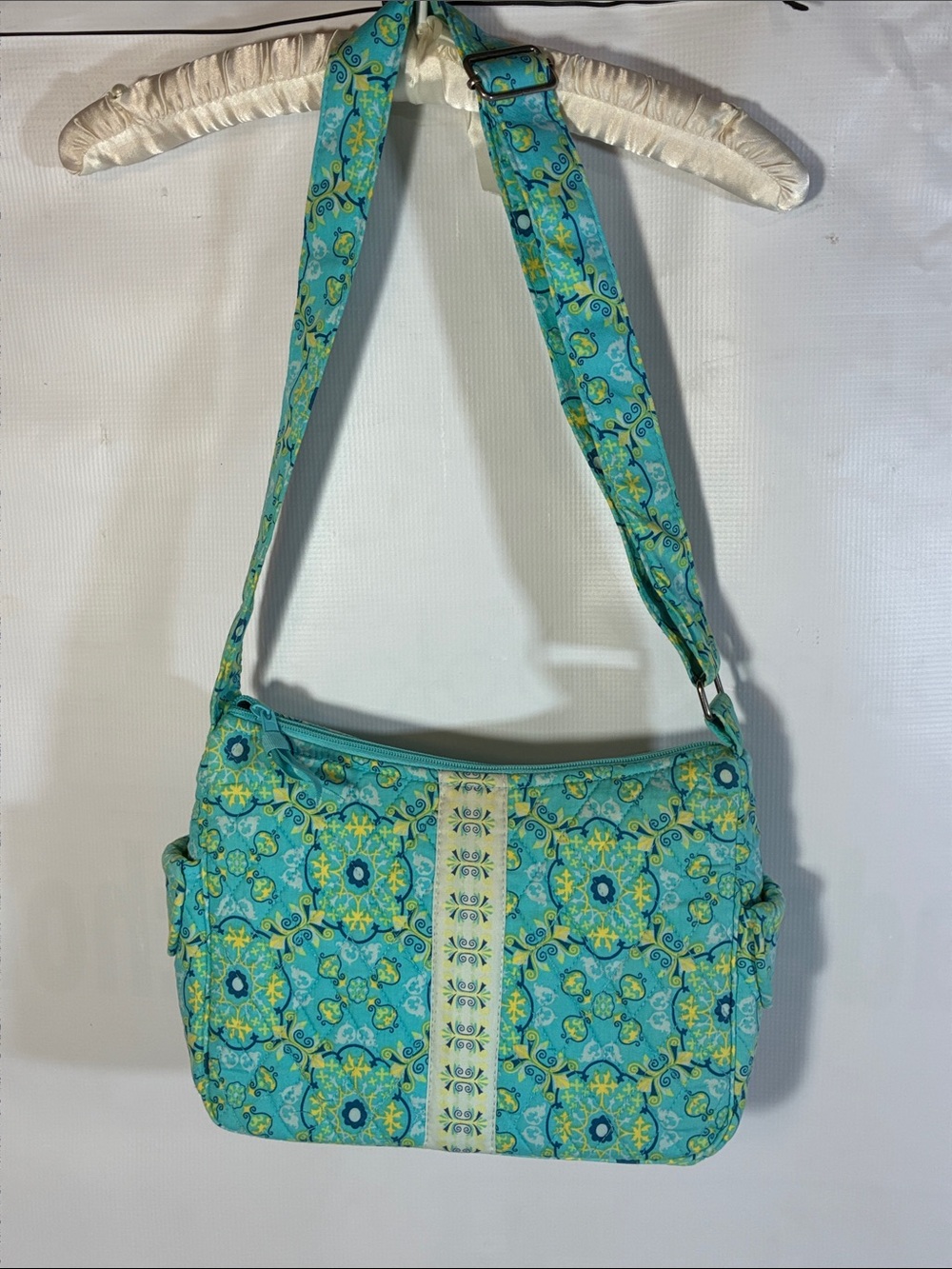 Turquoise Floral Quilted Crossbody Bag with Adjustable Strap